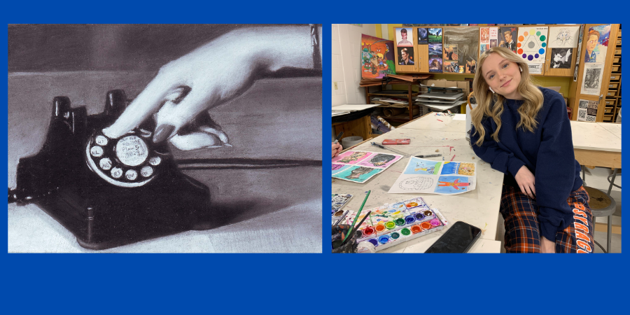 Maya Rohling artwork Maya's drawing of a hand dialing a rotary phone, Maya in art class