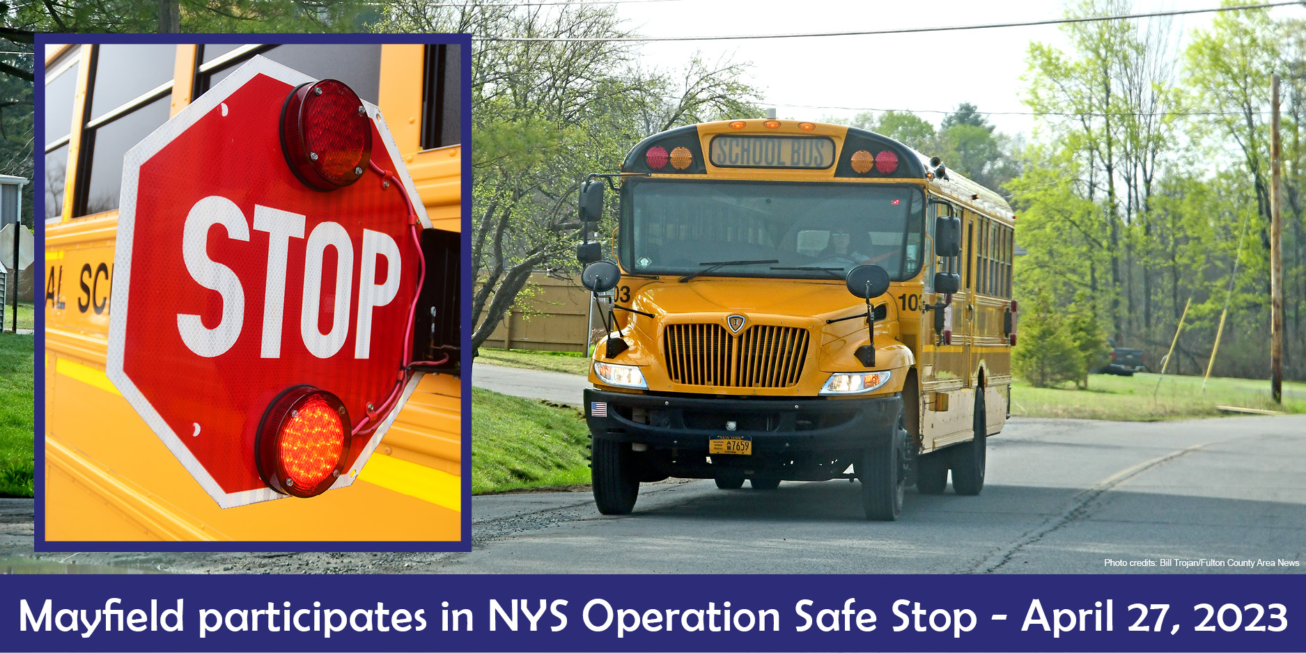 school bus on the road with insert of a school bus stop sign out