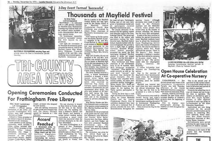 Newspaper clipping about the success of the Mayfield 3-day town bicentennial celebration.