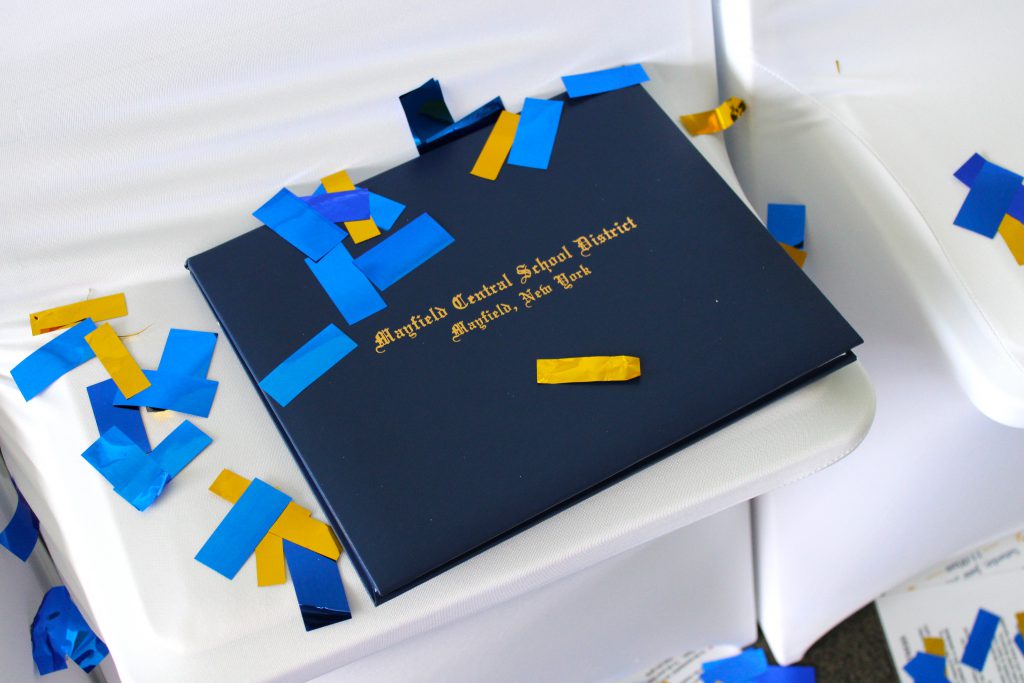 Mayfield Central School District diploma and confetti