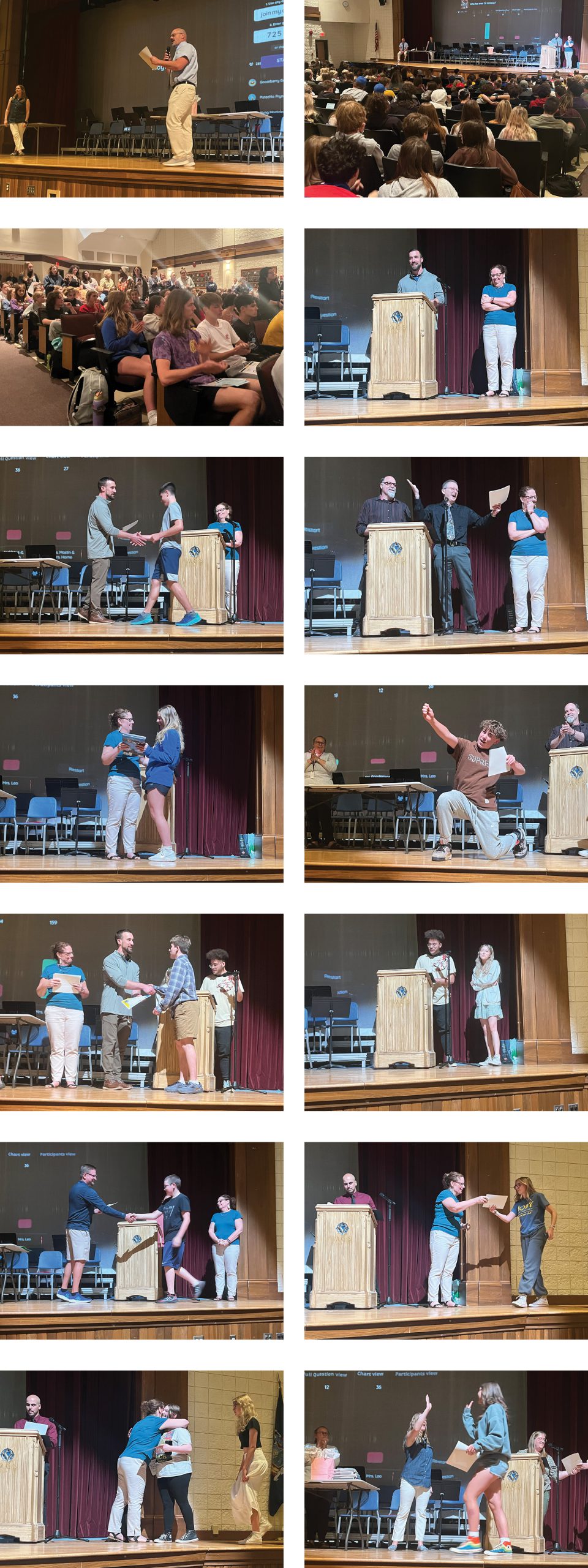 collage of pictures showing a full auditorium, teachers announcing awards, students walking on stage, teachers and students hugging and high-fiving