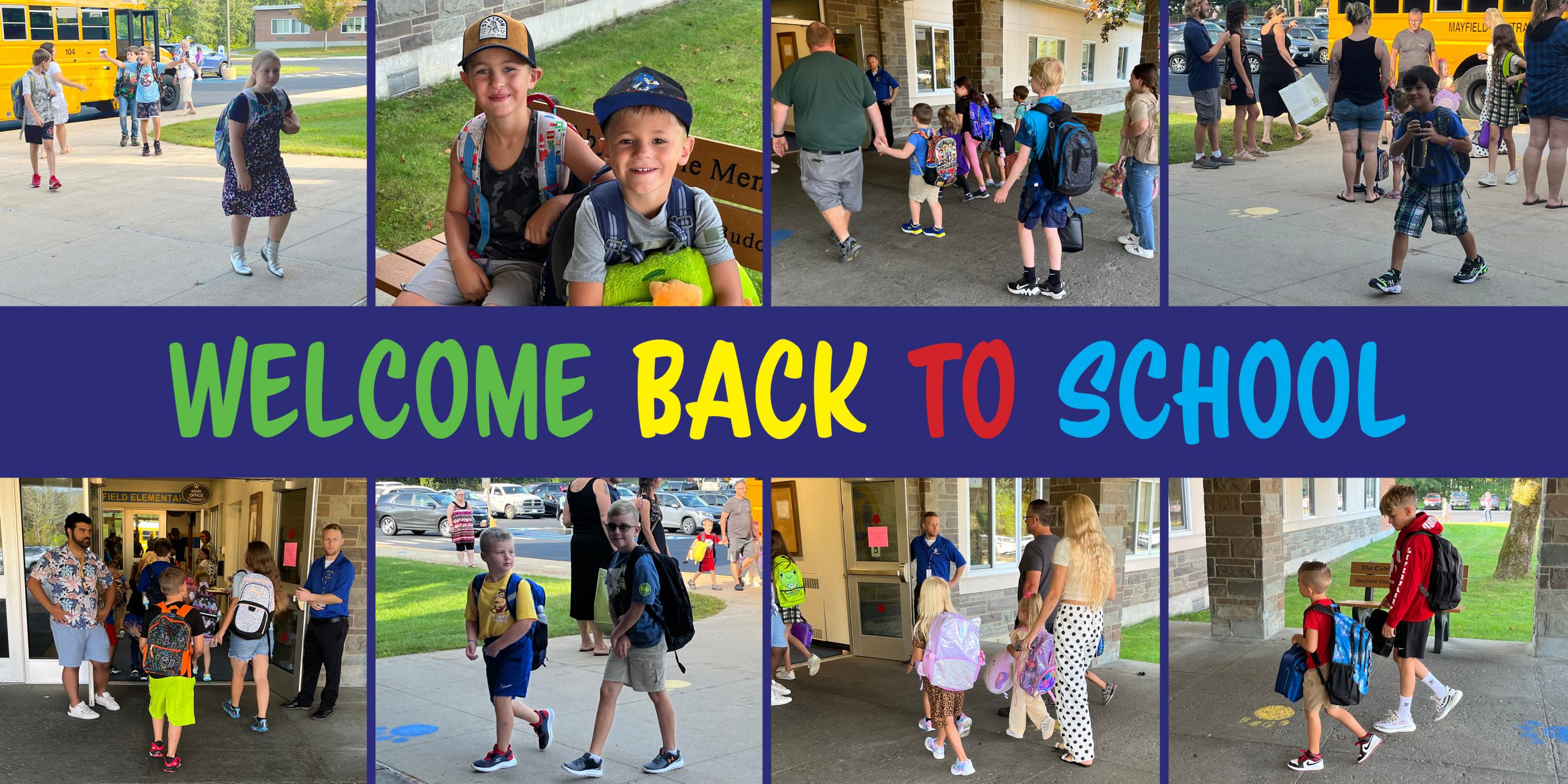 students and parents smiling and walking into school