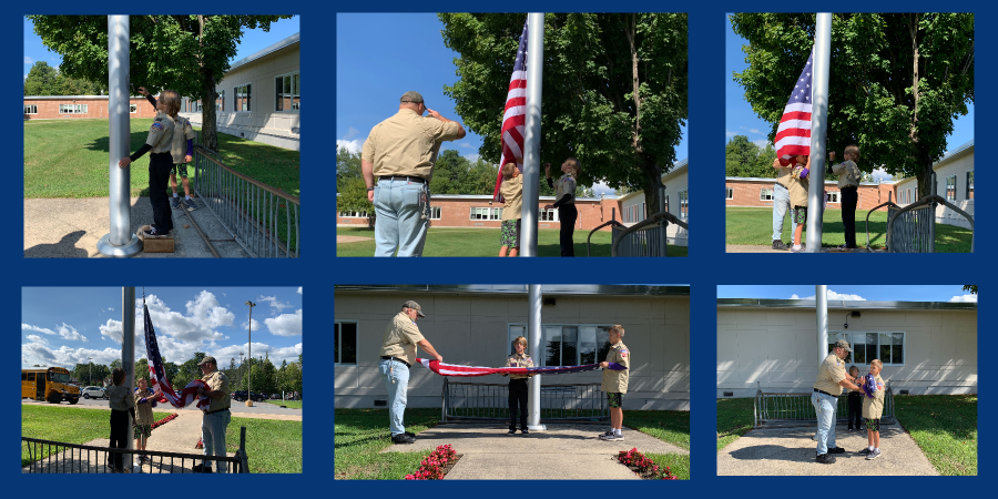 Members of Cub Scout and Boy Scout Pack/Troop 5053 are raising and lowering the flag this year at Mayfield Elementary School.