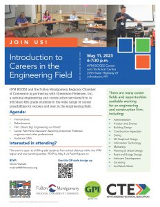 flyer that gives the details on Introduction to Careers in the Engineering Field night