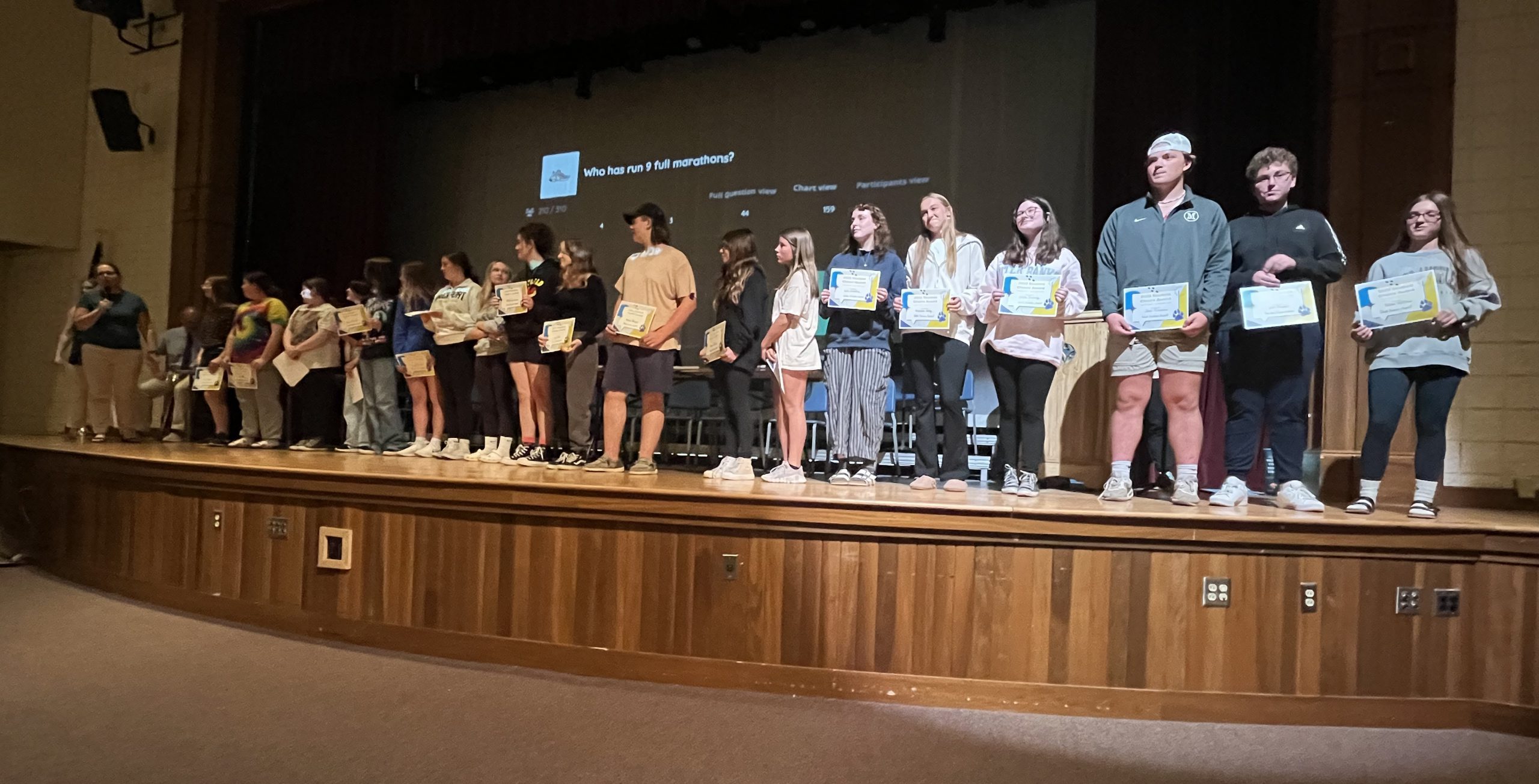 a row of students stand on stage with their certificates