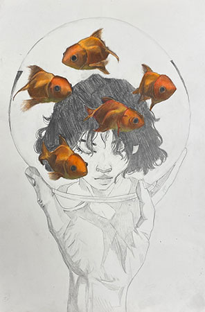 artwork of a face and goldfish created by Abrianna Hayes