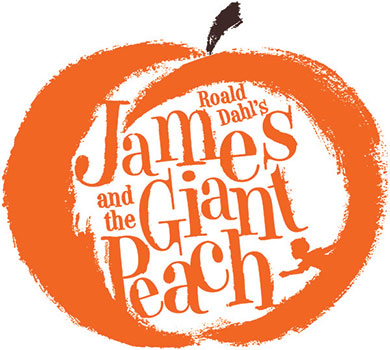 graphic depiction of the words James and the Giant Peach, inside a peach