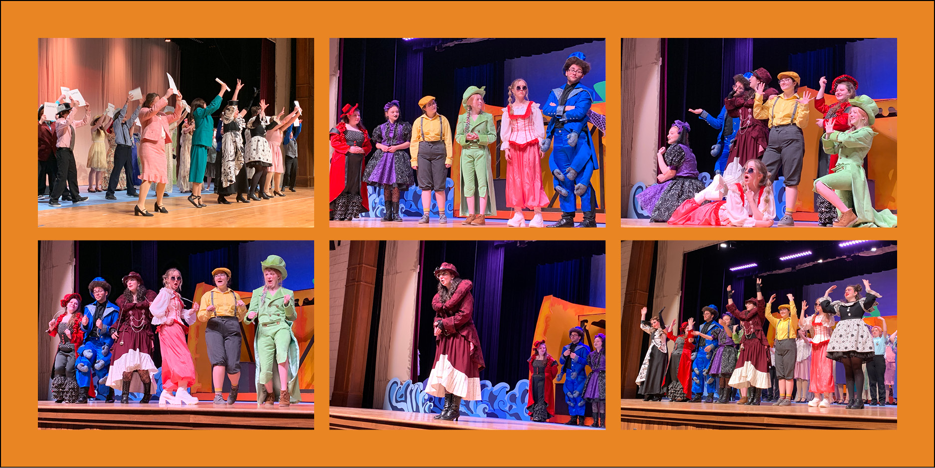 variety of pictures of students performing in a play