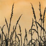 Watercolor painting of wild grass with golden sky.