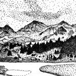 Black and white drawing of mountain scene.