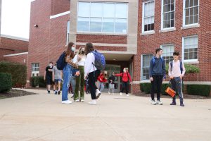 Students in front of the high school.