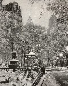 artwork showing a city scene covered in snow