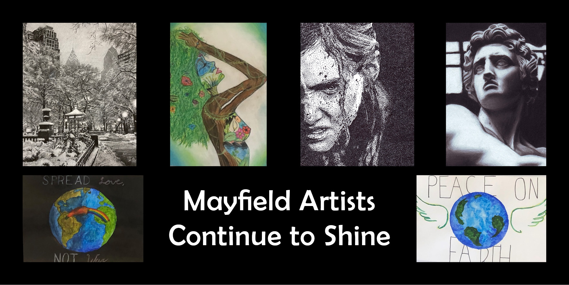 collage of artwork and line that says Mayfield Artists continue to shine