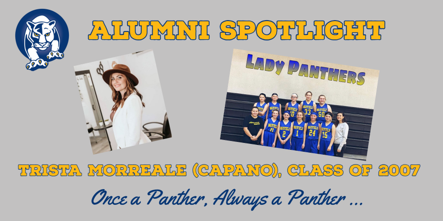 Photo of Trista Morreale (Capano) and of her and the basketball team, with words Alumni Spotlight and Once a Panther, Always a Panther