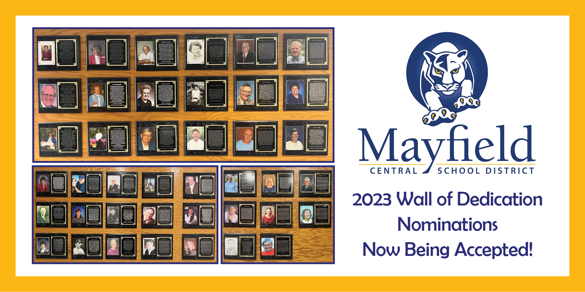 past wall of dedication plaques and Mayfield logo