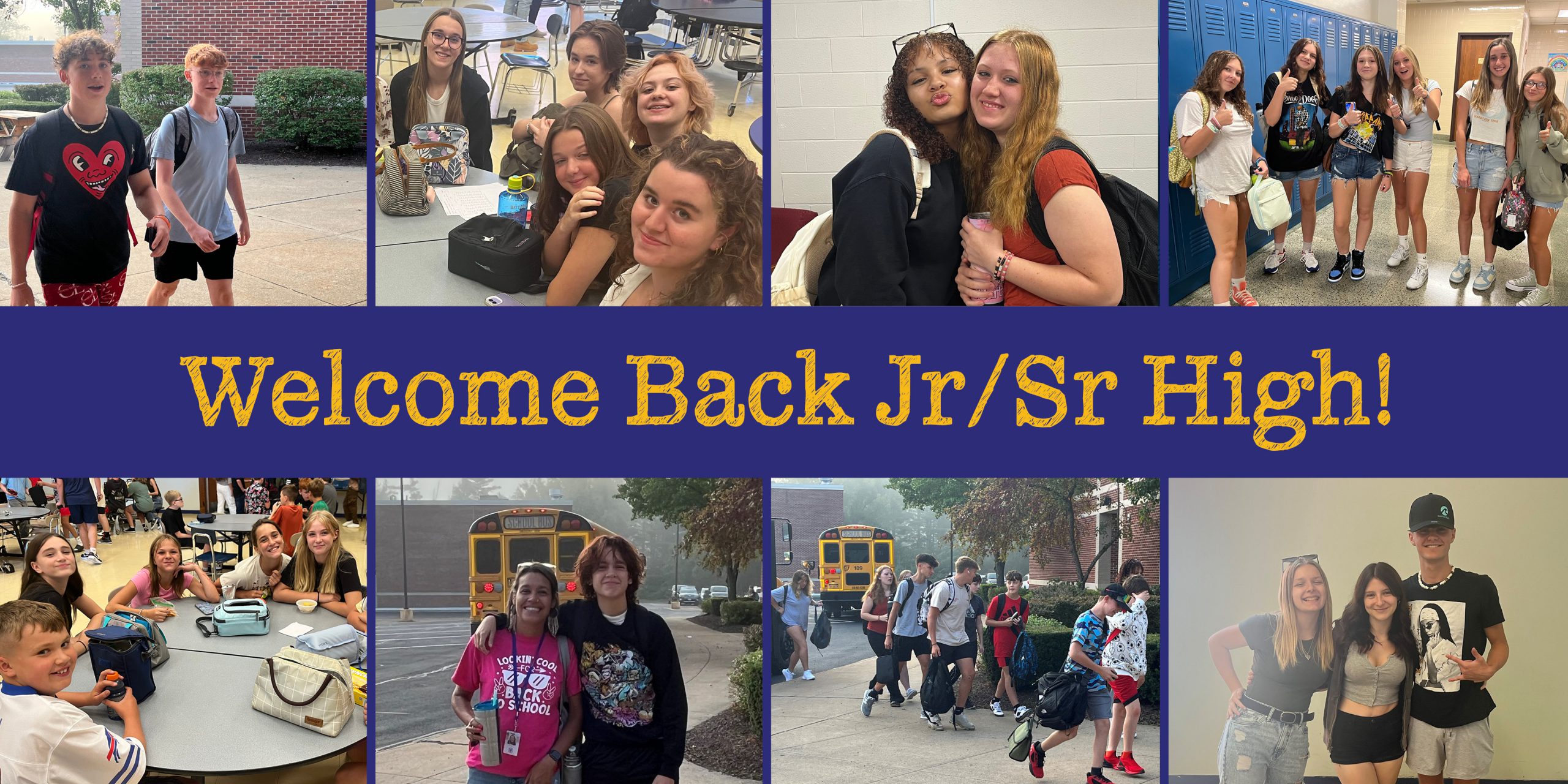 students walk into school from buses, students at tables at lunch, students smiling and posing together