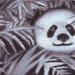 Black and white drawing of a panda surrounded by leaves.