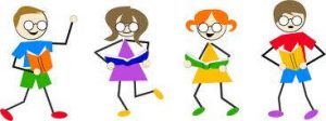 Colorful people running with books